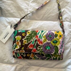 Vera Bradley Brown Quilted Floral Crossbodyp ppl Wallet with Multicolor Blooms
